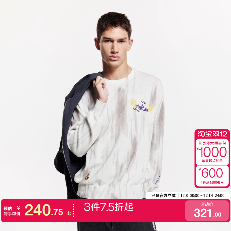 vq区绫致杰克琼斯秋冬NBA联名湖人队舒适百搭宽松圆领长袖针织衫