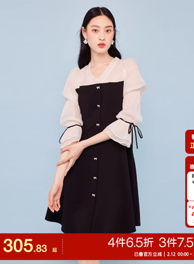 tq区Vero Moda连衣裙25夏浪漫度假黑白拼接V领七分袖短裙女