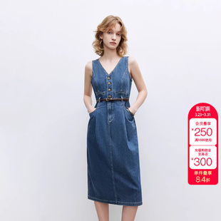 绫致ONLY春夏立体剪裁赠送腰带V领中长裙无袖 牛仔连衣裙女