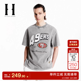 绫致NFL联名款夏季短袖男装旧金山49人队做旧水洗T恤