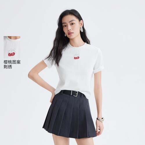 vq区绫致Vero ModaT恤女2026夏季樱桃刺绣圆领短款短袖上衣简约