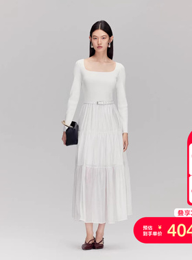 vq区绫致Vero Moda连衣裙25秋冬收腰拼接A字裙摆腰带捏褶中长裙