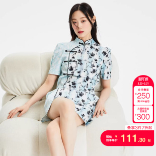 旗袍改良 立领中式 tq区绫致Vero Moda连衣裙春夏印花短裙泡泡袖