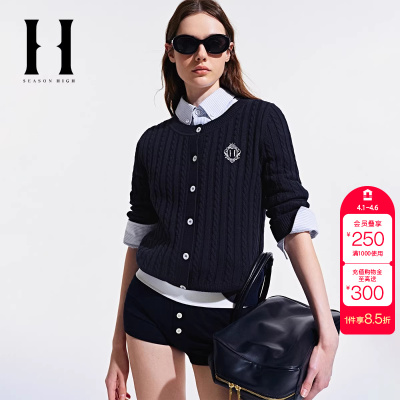 绫致SEASONHIGH秋女针织衫圆领修身罗纹单侧纽扣门襟上衣女