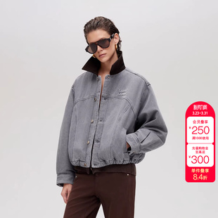 绫致ONLY秋季 落肩皮领拼接夹克花苞下摆纯棉短外套女 新款