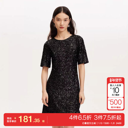 t区绫致Vero Moda连衣裙女秋冬收腰A版圆领亮片气质小黑裙优雅