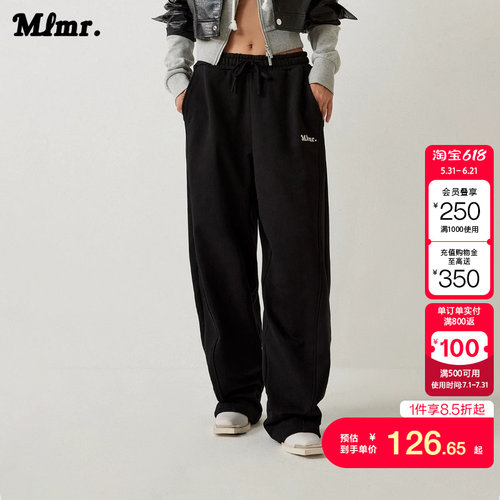 绫致MLMR宽松阔腿舒适毛圈复古刺绣裤卫裤男女同款弯刀裤香蕉裤