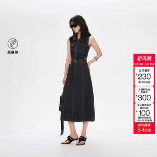 绫致ONLY夏季新款翻领无袖露腰高腰中裙牛仔连衣裙女