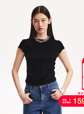 vq区绫致Vero ModaT恤女25春夏丝绒纯色抽褶收腰显瘦T恤舒适百搭