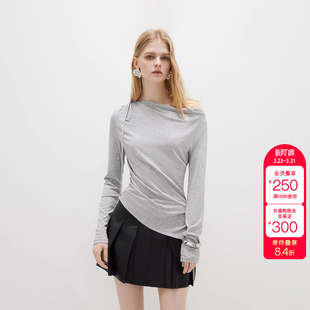 T恤女 纯色一字荡领不规则下摆长袖 绫致ONLY夏季 新款