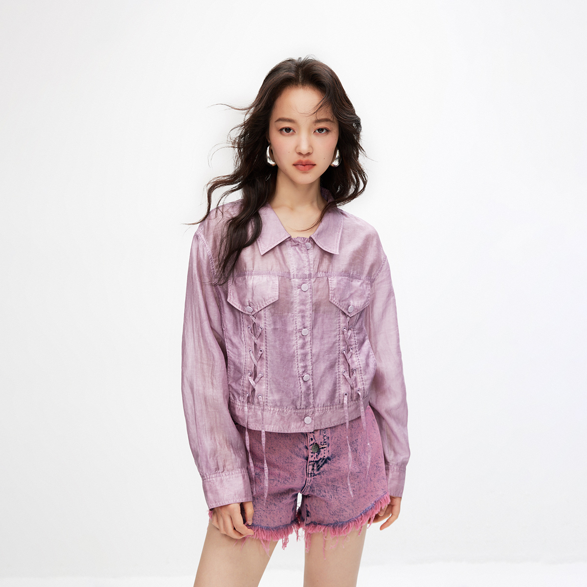 绫致ONLY2025春夏新款百搭休闲个性绑带衬衫版型短款外套女