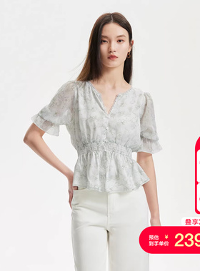 vq区绫致Vero Moda衬衫25夏季松紧腰碎花V领泡泡袖度假风上衣甜美