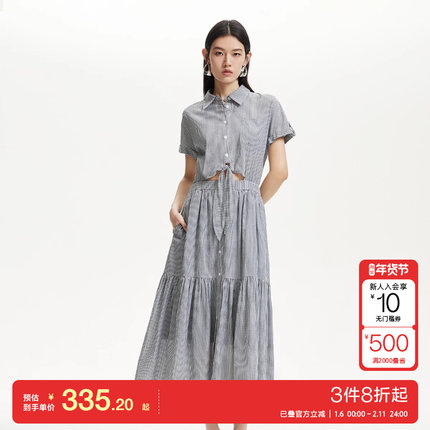 v区绫致Vero Moda连衣裙25春翻领腰部系带镂空竖条纹休闲百搭