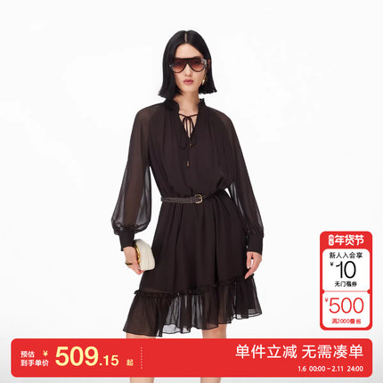 绫致Vero Moda连衣裙26春季新款灯笼袖腰带系带领雪纺长袖连衣裙