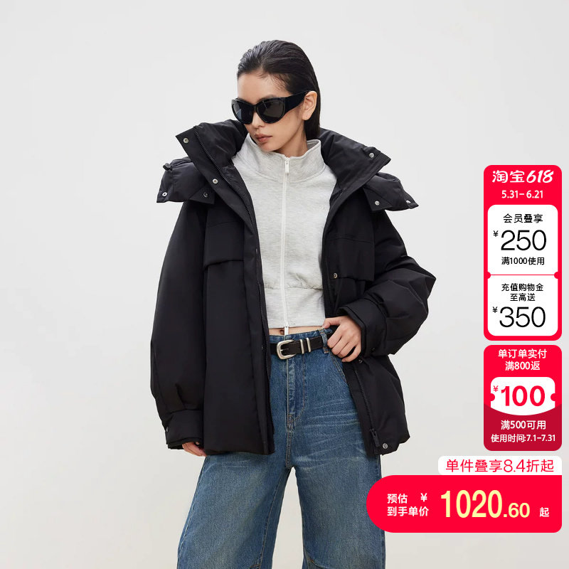 绫致ONLY冬季新款90白鸭绒立领隐形插袋设计羽绒服女