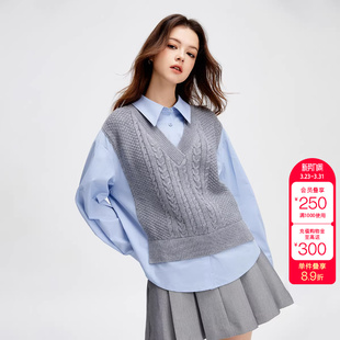 女 学院风针织马甲假两件翻领宽松衬衫 绫致ONLY秋季 新款