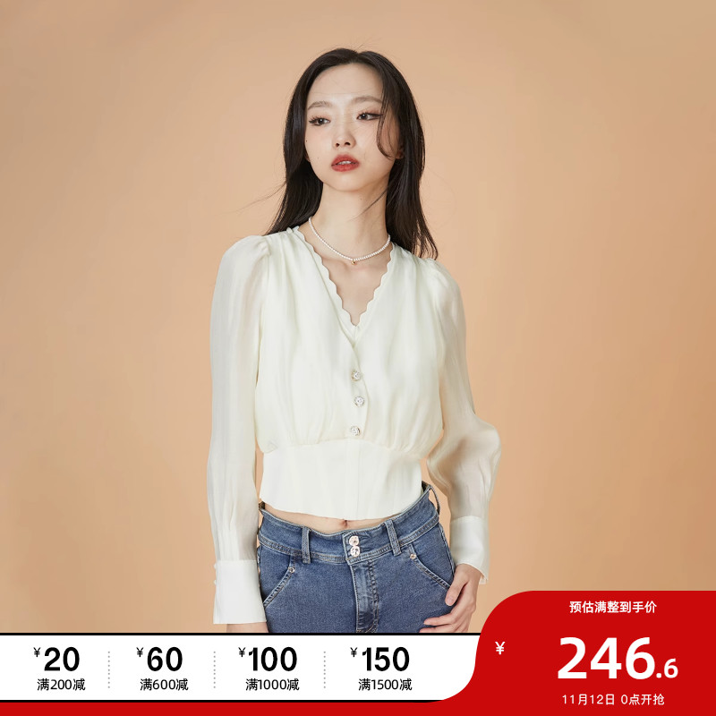 绫致ONLY2023秋冬新款小香风V领收腰长袖短款直筒雪纺衫女
