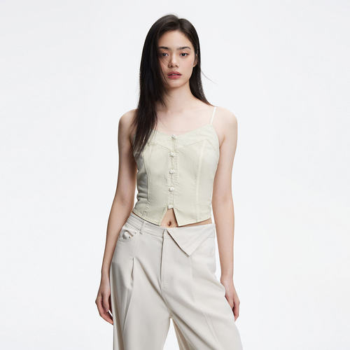 tq区绫致ONLY25春夏新休闲显瘦新中式V领短款无袖雪纺衫女时尚