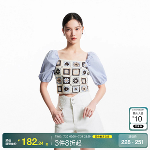 ModaT恤女25春夏甜美针织拼接松紧泡泡袖 v区Vero 方领上衣