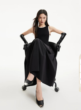 Vero Moda连衣裙春夏撞色圆领无袖长裙拼接黑色简约时尚