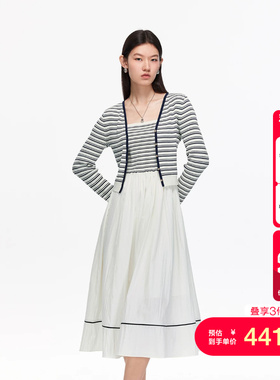 vq区绫致Vero Moda连衣裙秋季新款真两件条纹针织拼接A字裙