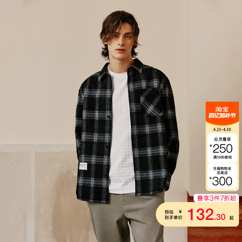 t区绫致杰克琼斯春夏男商务休闲宽松经典黑白格子衬衫外套上衣潮