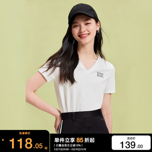 罗纹上衣 T恤女2024春夏学院风字母印花V领修身 Moda 绫致Vero