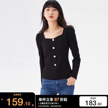 绫致Vero Moda T恤上衣女2024春夏法式方领泡泡袖长袖甜美