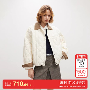 oq区绫致ONLY2025冬季新款复古条绒撞色翻领保暖白鸭绒羽绒服女