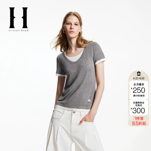 绫致SEASON HIGH秋季常规款假两件设计立体字母T恤女装