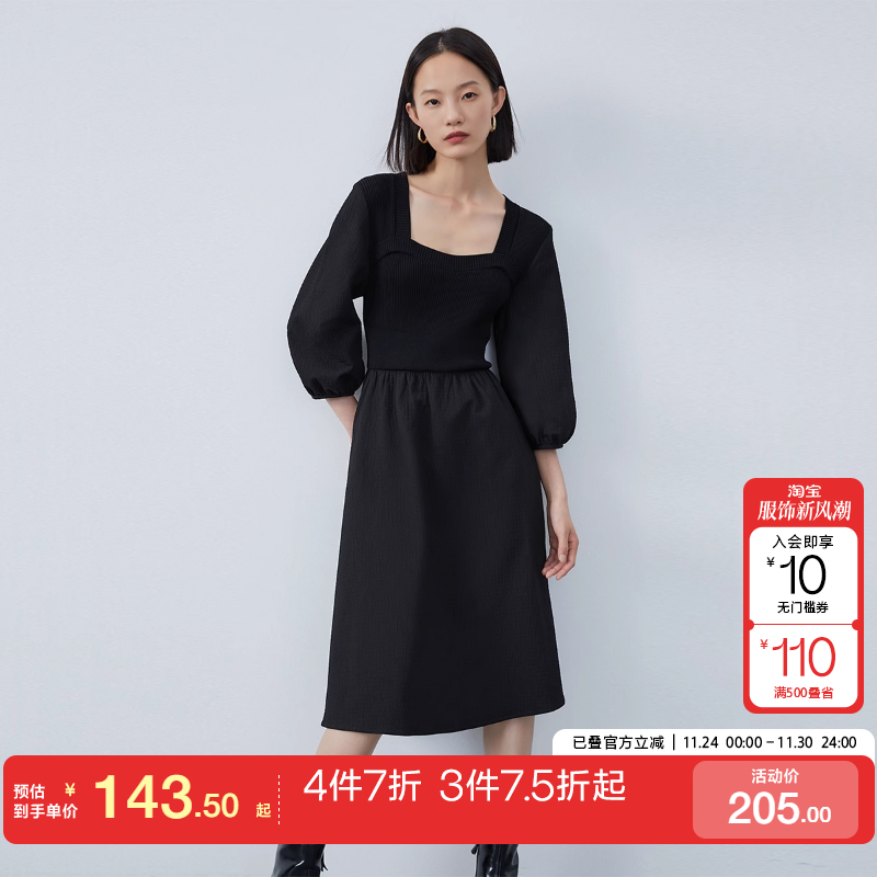 tq区绫致Vero Moda连衣裙秋冬优雅法式泡泡袖收腰中长款纯色潮