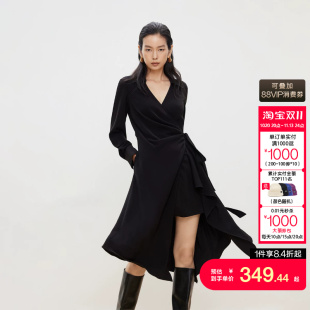 绫致ONLY秋冬新款长袖小黑裙不规则下摆设计中裙连衣裙女