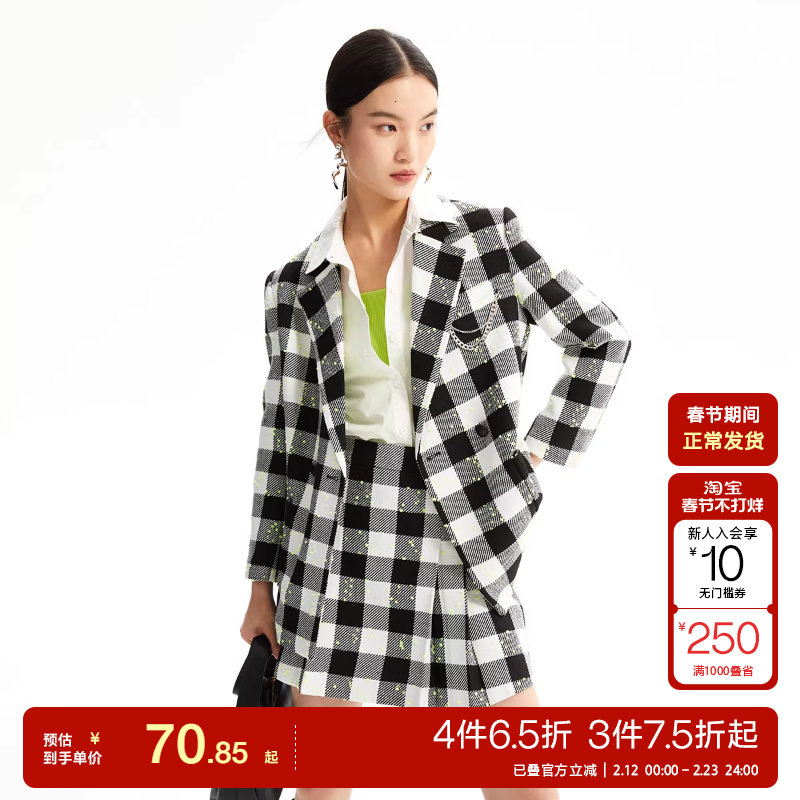 tq区绫致Vero Moda西服秋冬新可爱少女格纹图案长袖外套女