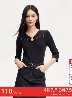 t区绫致VeroModaT恤秋冬V领七分袖胸部扣环设计修身气质女