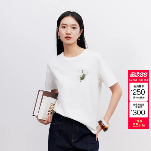 绫致Vero ModaT恤女2026秋季新款花朵圆领宽松短袖上衣百搭通勤