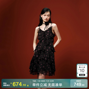 綾致Vero 荷葉邊系帶印花碎花吊帶裙 新款 Moda連衣裙2025夏季