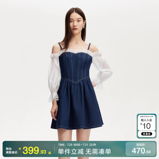 A字裙子 绫致Vero Moda连衣裙女2025夏季 新款 牛仔雪纺拼接修身