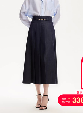 vq区绫致Vero Moda半身裙25春夏款腰带丹宁风原色牛仔百褶长裙