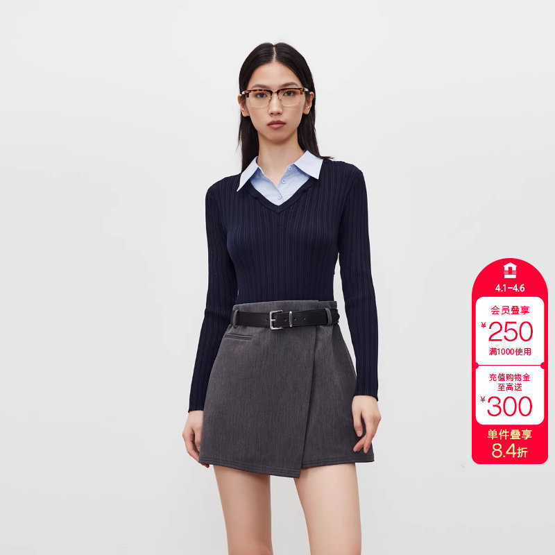 绫致ONLY新款通勤假两件长袖翻领短裙连衣裙女