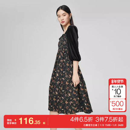 t区绫致Vero Moda上衣连衣裙女秋冬新复古丝绒碎花修身时尚