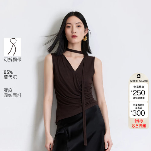 绫致Vero ModaT恤女26夏季新款可拆挂脖飘带含莫代尔亚麻抽褶上衣