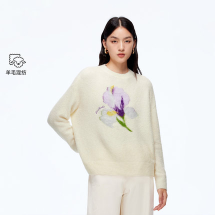 绫致Vero Moda毛衣女25秋冬新款含绵羊毛花朵针织落肩上衣简约