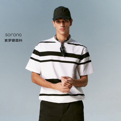 vj区绫致【SORONA】杰克琼斯男装夏T恤条纹图案柔软舒适圆领宽松