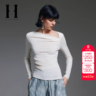 纯色不对称褶皱含羊毛长袖 绫致Season High春季 修身 T恤女装