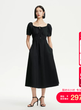 vq区绫致Vero Moda连衣裙夏季新款含棉纯色方领捏褶系带设计
