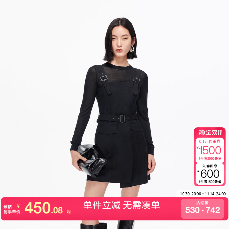 绫致Vero Moda连衣裙2025秋冬新款真两件不对称裙摆背带裙