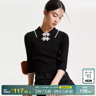 上衣时尚 tq区绫致Vero 翻领盘扣七分袖 Moda针织衫 潮 女25春夏中式