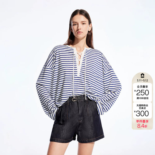 绫致ONLY2026春季新款绑带设计宽松落肩条纹长袖T恤女