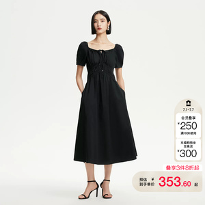 vq区绫致Vero Moda连衣裙夏季新款含棉纯色方领捏褶系带设计