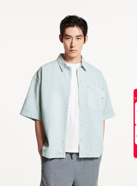 tq区绫致杰克琼斯男装夏季新款潮流百搭oversize尖领短袖牛仔衬衫